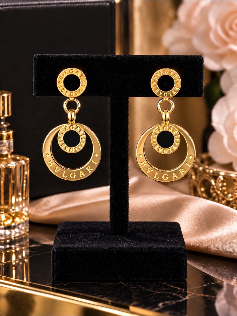 BVLGARI Logo Gold Tone Black Enamel Double Circle Drop Earrings